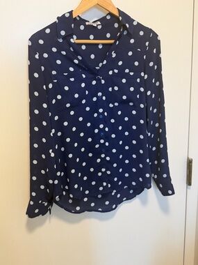 EXPRESS Navy Polka Dot Button-Up Blouse - White Dot Long Sleeve size SMALL S